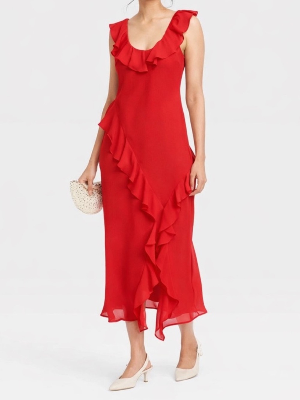 A New Day Red Ruffle Midi Dress - Size Large - Like New